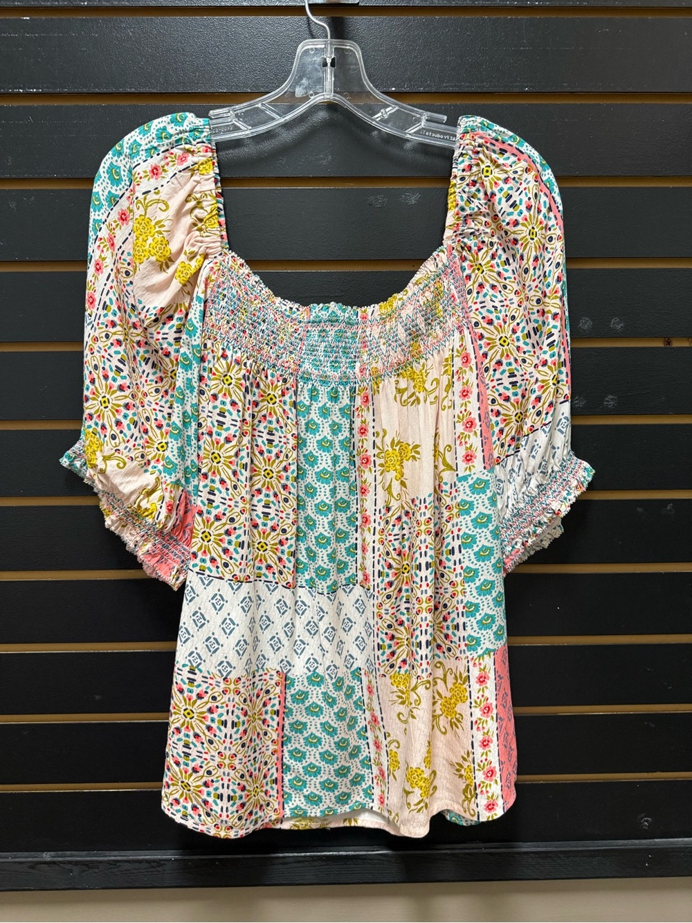 Democracy Patchwork Floral Smocked Square Neck Puff Sleeve Top Size L NWT